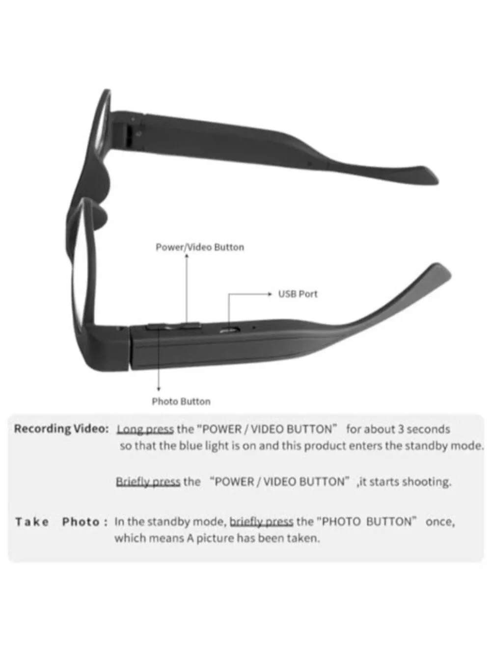 Camera Glasses Smart Glasses with Camera Outdoor Video Recording Wearable Black